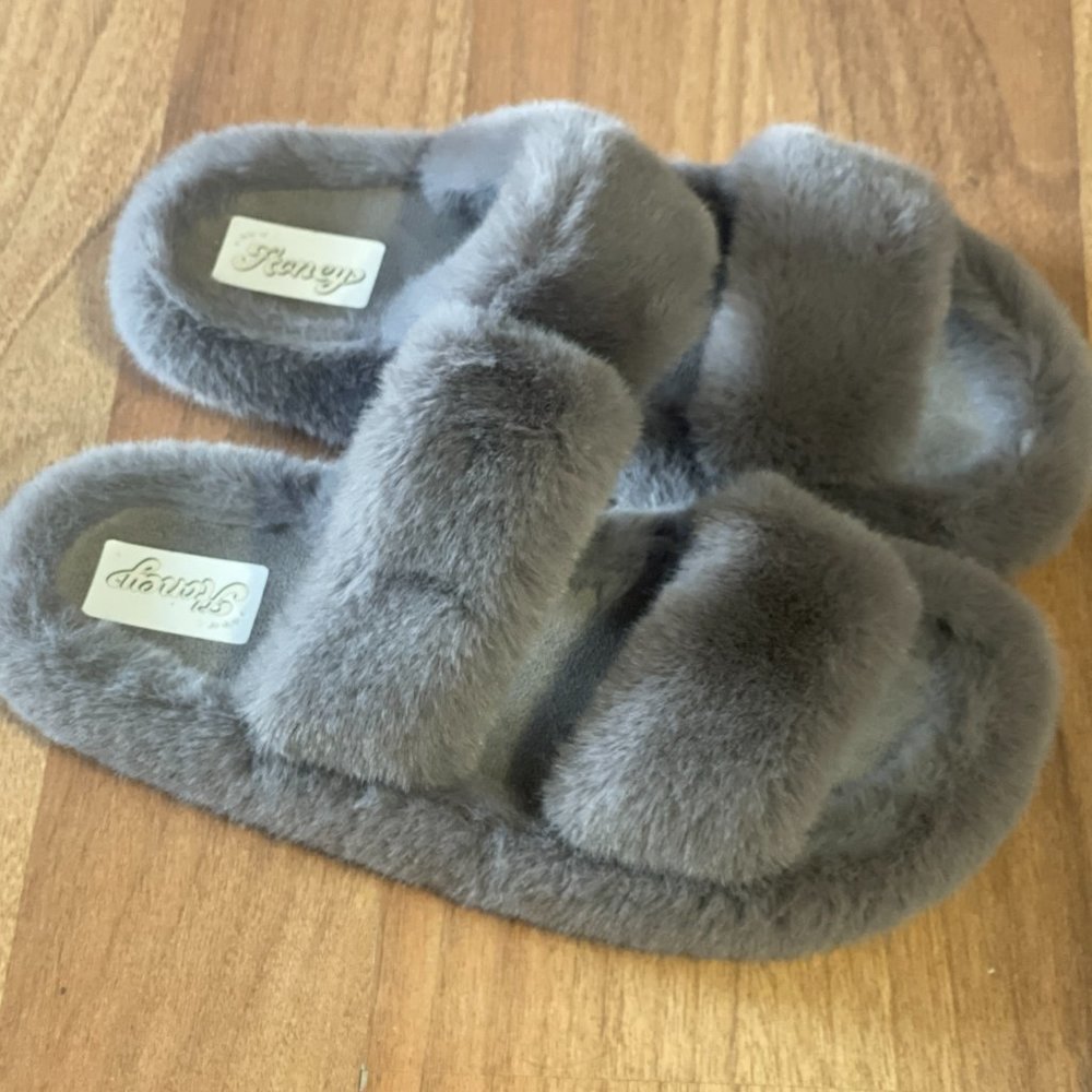 Honey Grey Faux Fur Vegan Slippers Slides